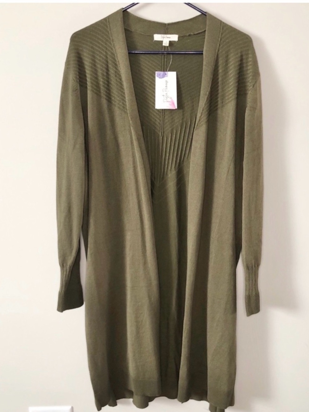Long Olive Green Open-Front Women's Cardigan Sweater